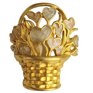 Gold Tone Enamel Basket Of Heart Flowers Brooch Pin